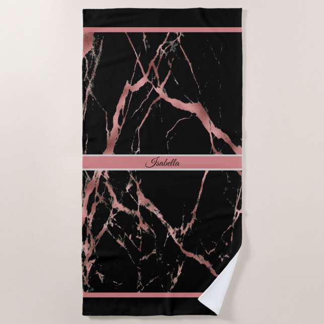 Luxury Pink Black Marble Customise Beach Towel (Front)