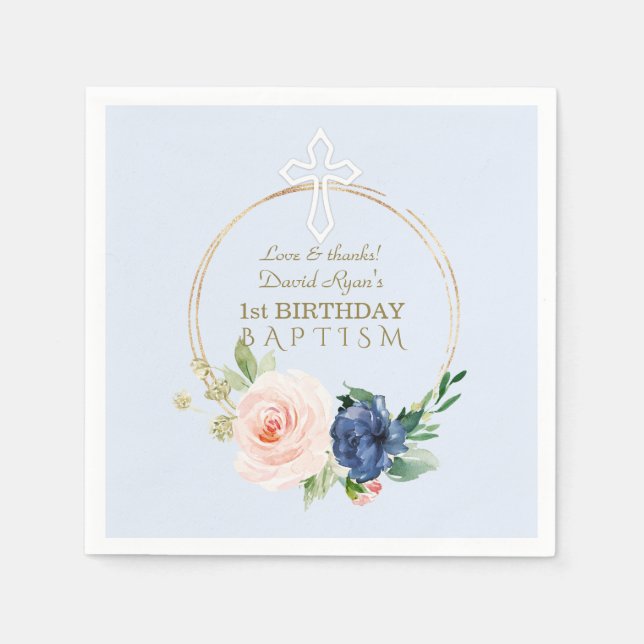Luxury Pink Blue Floral Boy 1st Birthday & Baptism Napkin (Front)