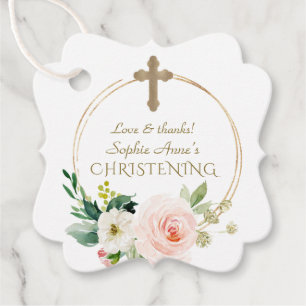 Luxury Pink Blush Floral Gold Cross Christening Favour Tags