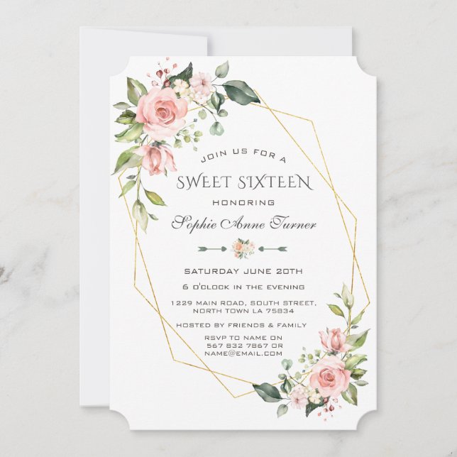 Luxury Pink Blush Floral Gold Frame Sweet Sixteen Invitation (Front)