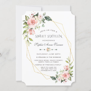 Luxury Pink Blush Floral Gold Frame Sweet Sixteen Invitation