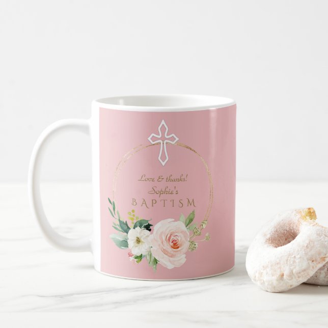Luxury Pink Blush Floral White Cross Baptism Coffee Mug (With Donut)