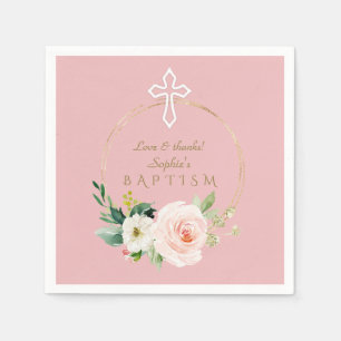 Luxury Pink Blush Floral White Cross Baptism Napkin
