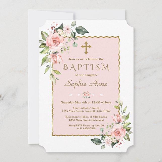 Luxury Pink Blush Flowers Gold Cross Baptism Invitation (Front)