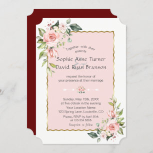 Luxury Pink Blush Flowers Gold Frame Wedding Invitation