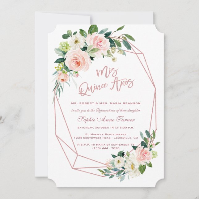 Luxury Pink Blush Flowers Rose Gold Quinceañera Invitation (Front)