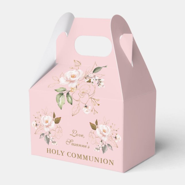 Luxury Pink Blush Gold Floral Holy Communion Favour Box (Front Side)