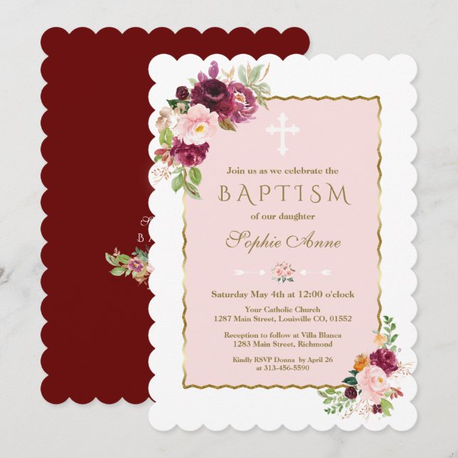 Luxury Pink Burgundy Saffron Flowers Gold Baptism Invitation (Front/Back)