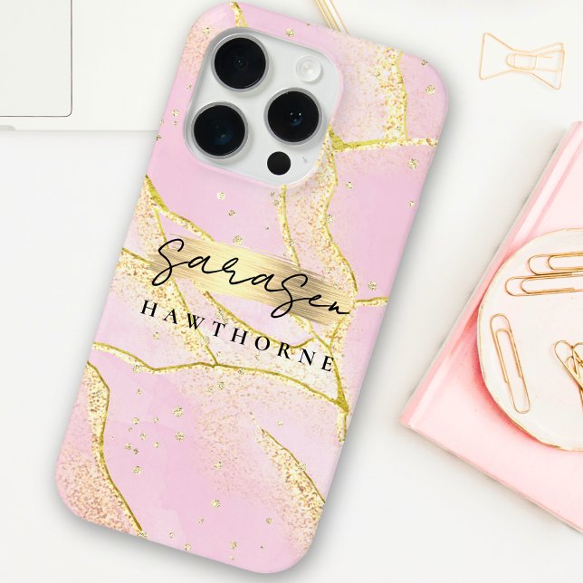 Luxury Pink Faux Gold Foil Monogram Brush Stroke Case-Mate iPhone Case (Creator Uploaded)