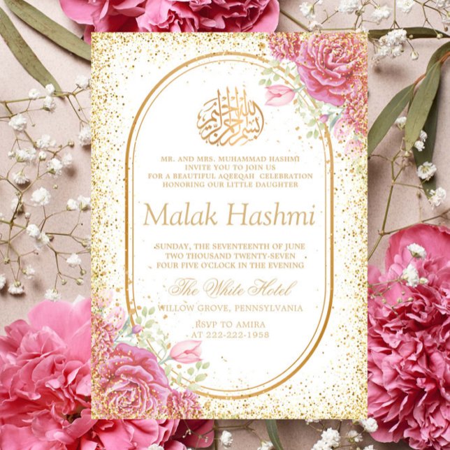 Luxury Pink Floral Gliter Islamic Aqiqa Aqeeqah Invitation (Creator Uploaded)