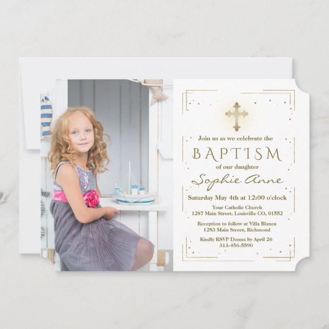 Luxury Pink Floral Gold Glitter Photo Girl Baptism Invitation (Front)