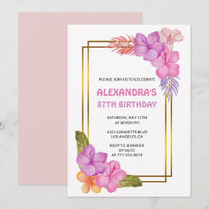  Luxury Pink Floral Tropical 87th birthday Invitation