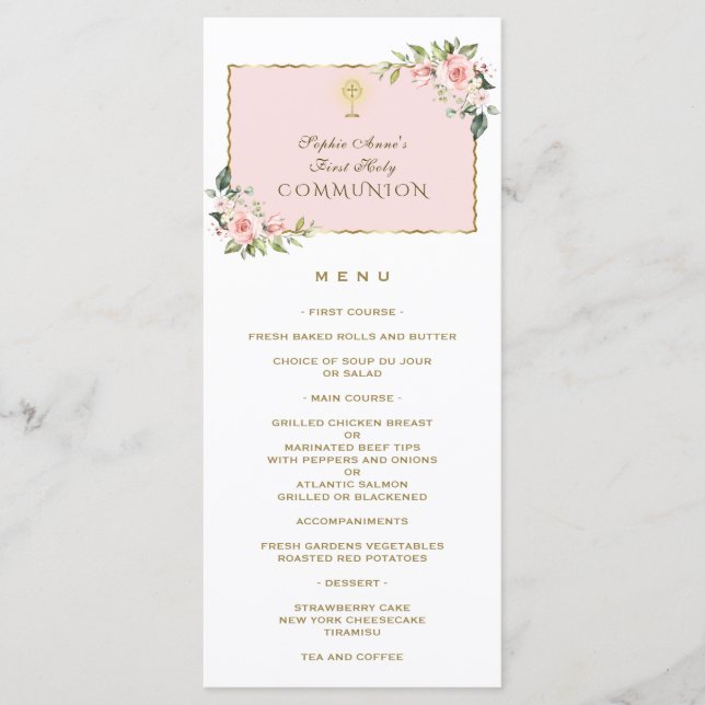 Luxury Pink Flowers Gold First Holy Communion Menu (Front)