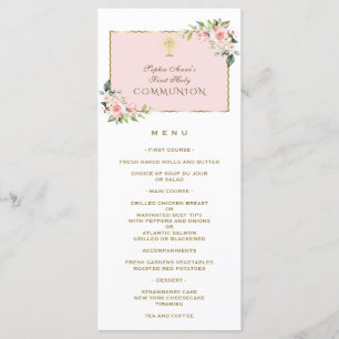 Luxury Pink Flowers Gold First Holy Communion Menu