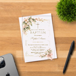 Luxury Pink Flowers Gold Glitter Frame Baptism Acrylic Invitations