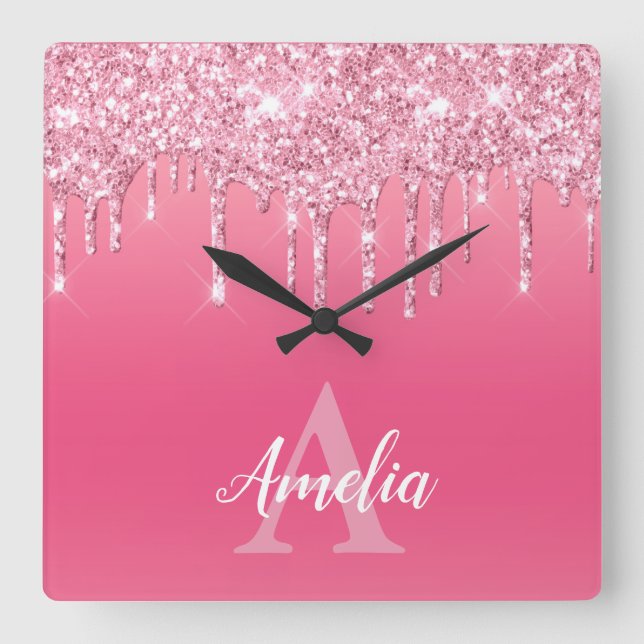 Luxury Pink Glitter Drips Add Your Own Monogram Square Wall Clock (Front)