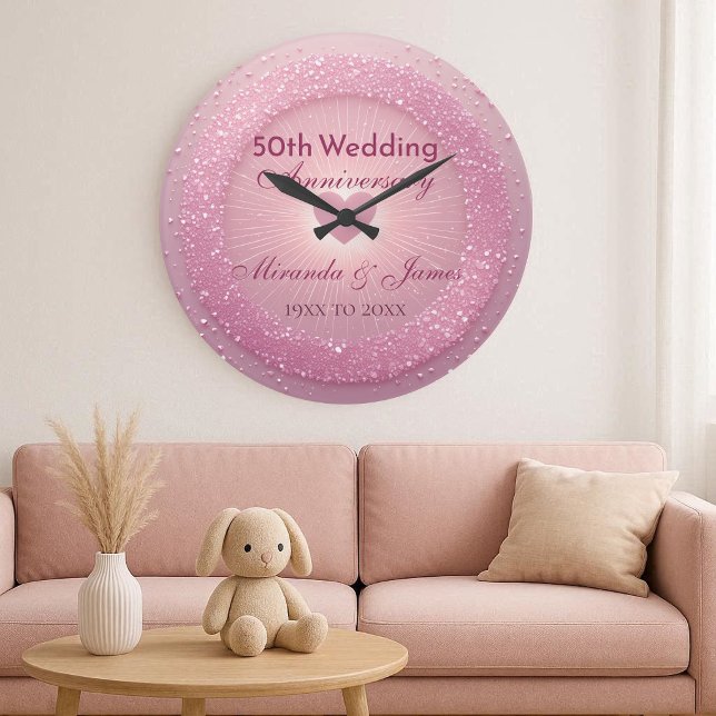 Luxury Pink Glitter Heart 50th Wedding Anniversary Large Clock (Luxury Pink Glitter Heart 50th Wedding Anniversary Large Clock)