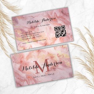 Luxury Pink Gold Marble Agate Monogram QR Code  Business Card
