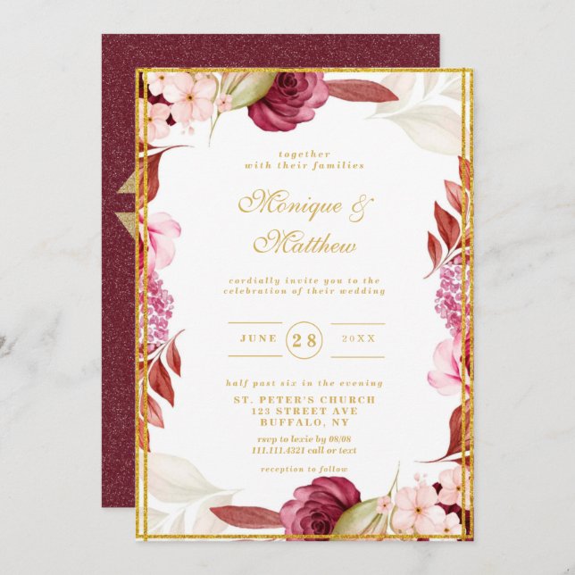 Luxury Pink Gold Peony Glitter Typography Wedding  Invitation (Front/Back)
