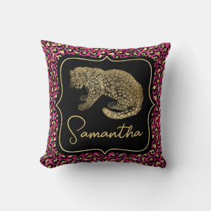 Luxury Pink Leopard Print Gold Animal Monogram Cushion