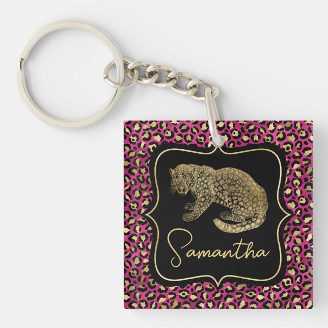 Luxury Pink Leopard Print Gold Animal Monogram Key Ring (Front)
