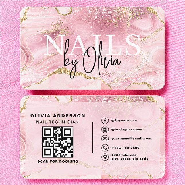 Luxury Pink Marble Nail Tech Branding Business Card (Creator Uploaded)