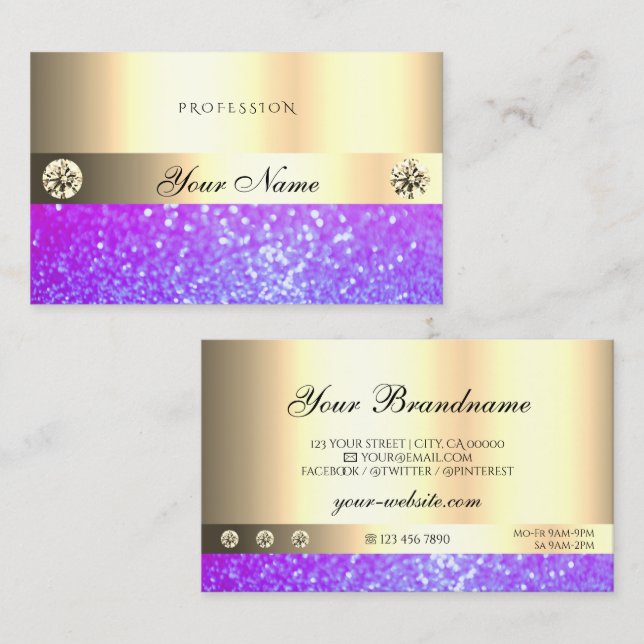 Luxury Pink Purple Glitter Diamonds Luminous Gold Business Card (Front/Back)
