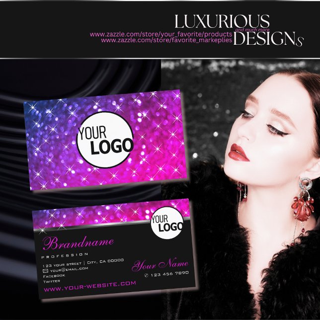 Luxury Pink Purple Glitter Luminous Stars and Logo Business Card (Creator Uploaded)