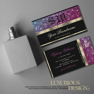 Luxury Pink Purple Glitter Monogram Gold and Black Business Card