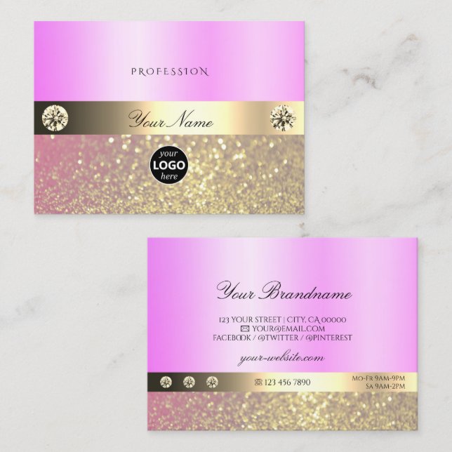 Luxury Pink Purple Gold Sparkling Glitter and Logo Business Card (Front/Back)