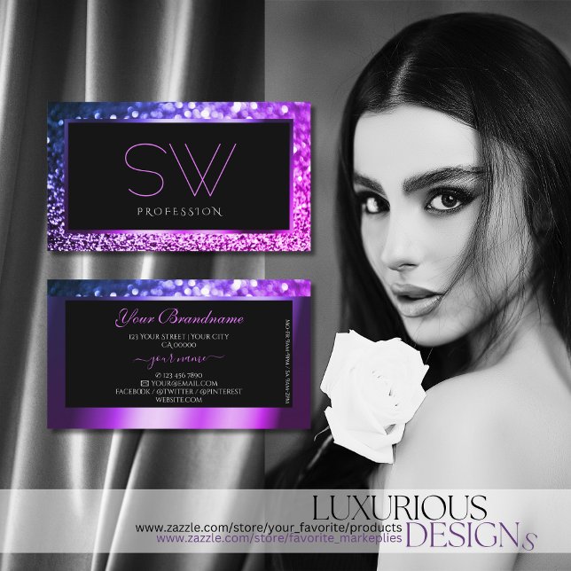Luxury Pink Purple Ombre Sparkle Glitter Monogram Business Card (Creator Uploaded)