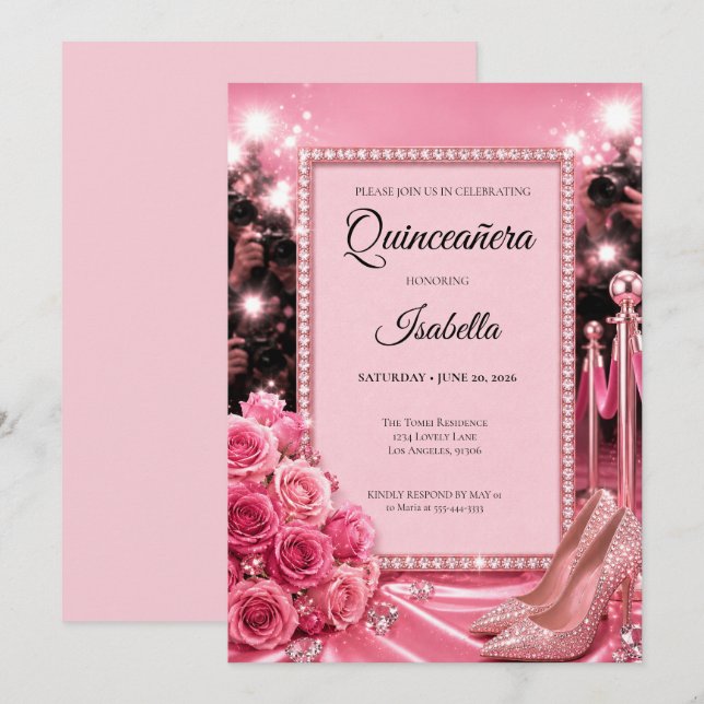 Luxury Pink Quinceañera Invitation (Front/Back)