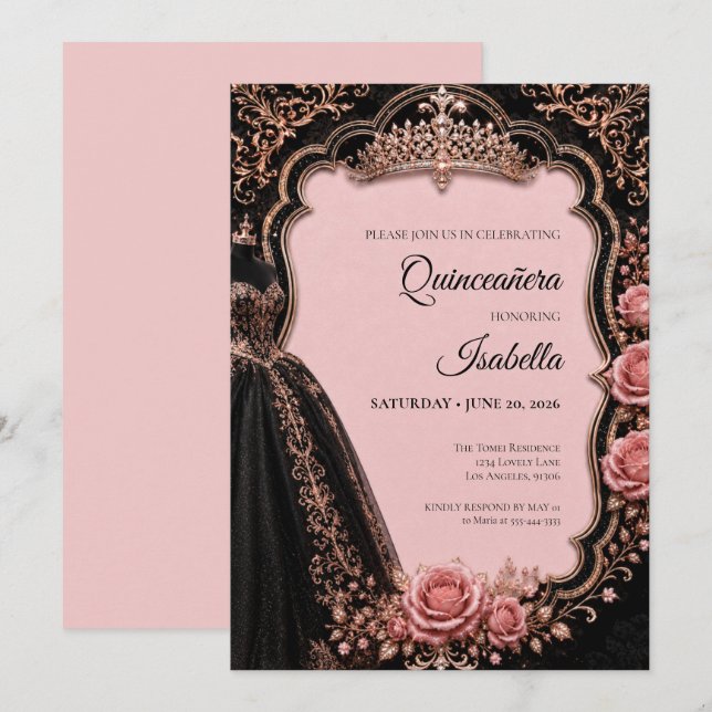 Luxury Pink Quinceañera Invitation (Front/Back)
