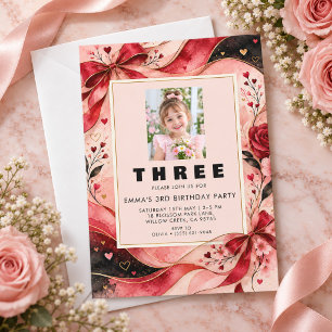 Luxury Pink Red Gold Girls 3rd Birthday Photo Invitation