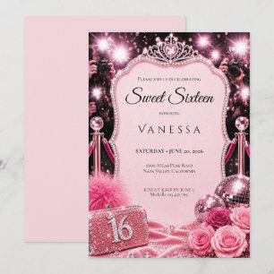 Luxury Pink Rhinestones Glitter Sweet 16 Invitation