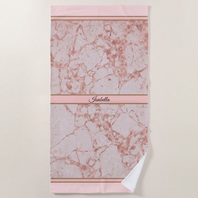Luxury Pink Rose Blush Glitter Marble Customise Beach Towel (Front)