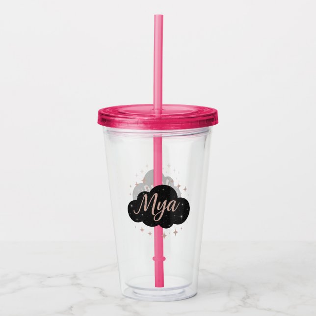 Luxury Pink Rose Gold & Obsidian Crystal Acrylic Tumbler (Front)