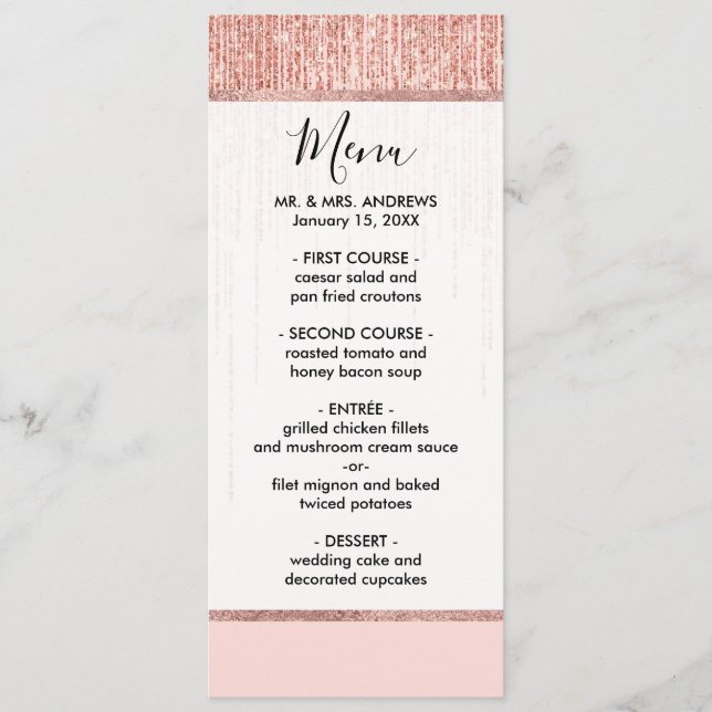 Luxury Pink Rose Gold Sparkly Glitter Fringe Menu (Front)