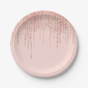 Luxury Pink Rose Gold Sparkly Glitter Fringe Paper Plate