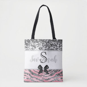 Luxury Pink Rose Silver Glitter Personalised Tote Bag