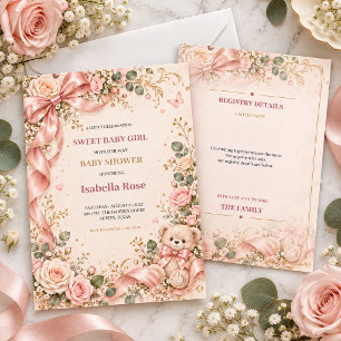 Luxury Pink Rose Teddy Bear Baby Shower Invitation