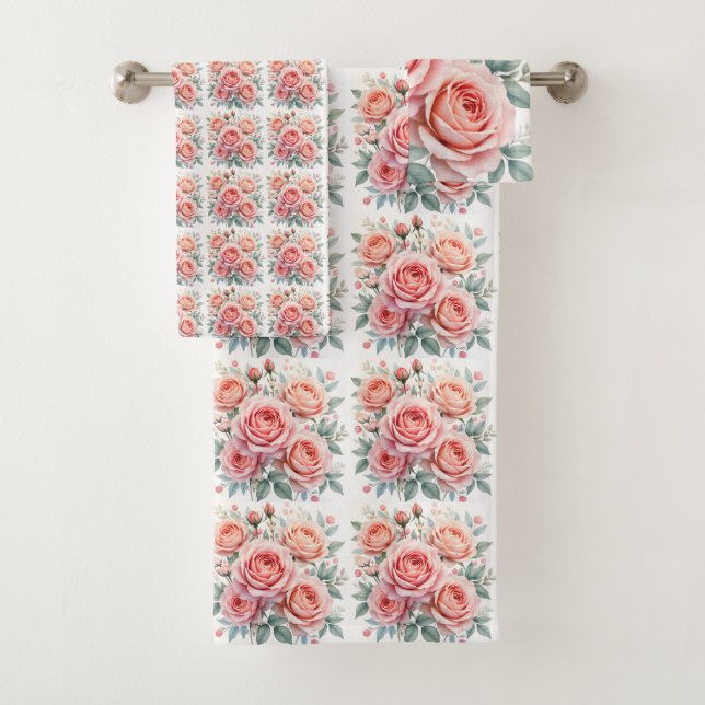 Luxury Pink Roses Beautiful Popular Collection Bath Towel Set (Insitu)