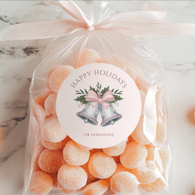 Luxury Pink & Silver Glitter Jingle Bells Custom Classic Round Sticker (Creator Uploaded)