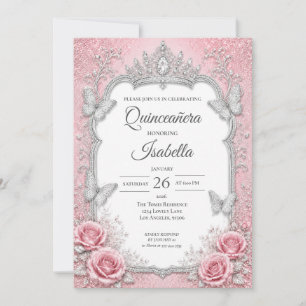 Luxury Pink Silver Princess Quinceañera Invitation