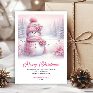Luxury Pink Snowman Kids Editable Christmas Cards