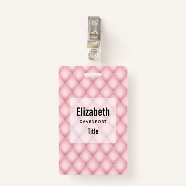 Luxury Pink Tufted Diamond Pattern ID Badge (Front with Clip)