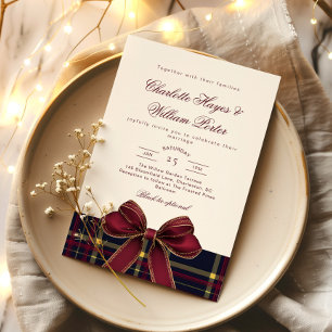Luxury plaid Burgundy Bow Winter Weddding Invitation