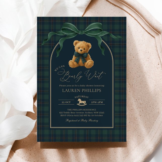 Luxury Plaid Teddy Bear Boy Baby Shower Invitation (Creator Uploaded)