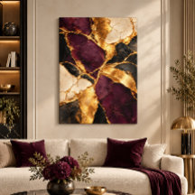 Luxury Plum Black Gold Kintsugi Abstract Art