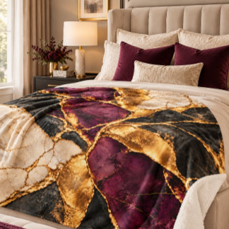 Luxury Plum Black Gold Kintsugi Marble Home Accent Sherpa Blanket